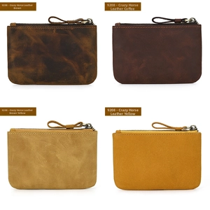 Collage of four vintage crazy horse leather coin purses in brown, coffee and yellow tones