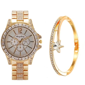 Gold Geneva watch and star bracelet set with diamonds on a white background