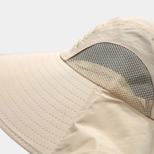 Detail of wide brim stitching and breathable mesh fabric on outdoor hiking sun hat