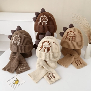 Ensemble Bonnet Et Écharpe En Tricot Pour Enfants Hiver Chaud Extérieur Dinosaure Broderie Dessin Animé