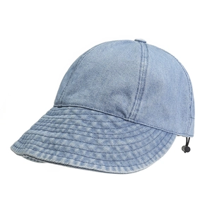 Vintage light blue washed denim sun hat with wide brim and adjustable toggle drawcord
