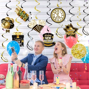 Festive Happy New Year party ceiling swirls and decorations set in a lively home celebration