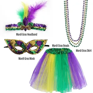 Detail of Mardi Gras set with purple feather headband, sequin mask and tutu skirt