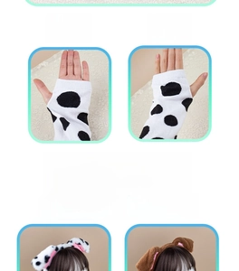 Detail view of plush spotted dog ears headband and matching fingerless knit gloves set