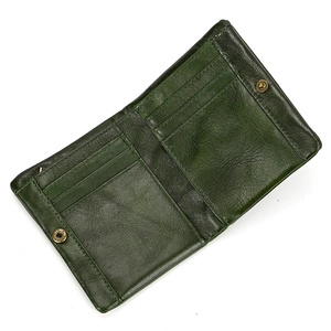 Open view of green leather wallet showing multiple card slots and metal snap buttons