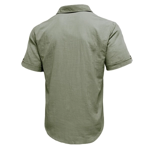 Detail view of the back of a men's olive green linen-cotton blend beach shirt