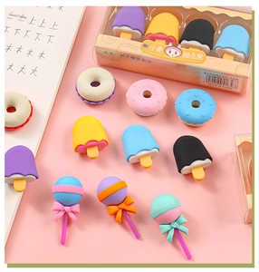 Detailed macro shot of various macaron-colored dessert-shaped erasers for students