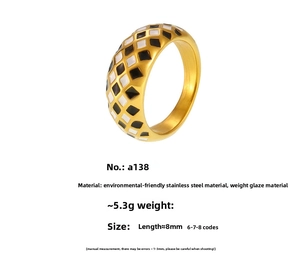 Detailed view of 8mm checkerboard enamel ring with weight and size specifications