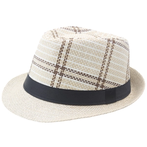 Cappello Fedora classico in paglia con motivo a scacchi marroni e nastro nero