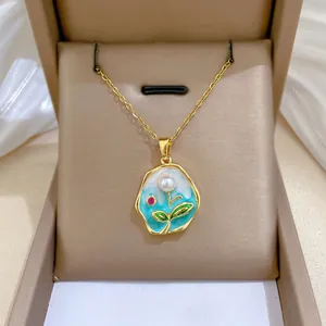 Enamel Flower Pendant Necklace With Artificial Pearl Titanium Steel Chain Copper Inlaid Vintage Garden Style Jewelry For Women