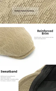 Macro details of knitted ivy cap fabric texture, stiff brim and absorbent inner sweatband
