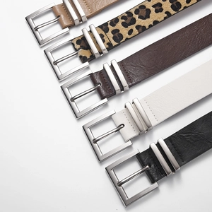 Women's leopard print and solid faux leather belts with square silver buckles in five colors