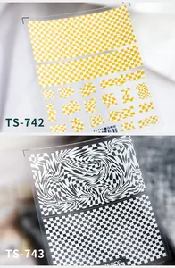 Detailed views of TS-742 yellow and TS-743 black checkered and swirl 5D embossed nail stickers