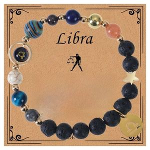 Detail of Libra beaded bracelet with lava stone and zodiac pendant on gift card