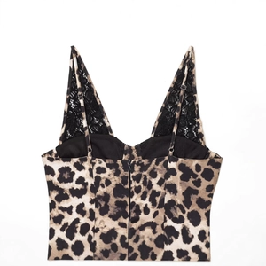 Women's leopard print camisole dress with black lace trim and back zipper detail