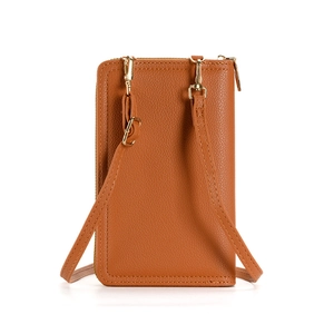 Brown lychee pattern PU leather crossbody phone bag with gold hardware and shoulder strap