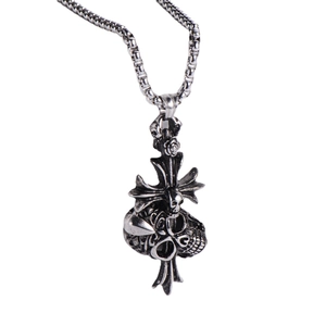 Gothic skull cross pendant with rose detail in vintage silver stainless steel