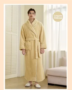 Detail view of thick creamy yellow flannel robe for men featuring large pockets and warm texture