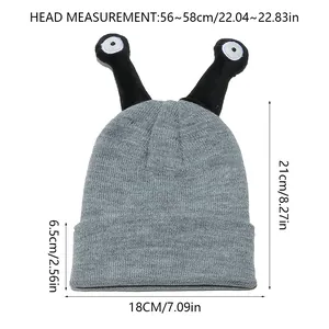Size chart for gray knit beanie featuring measurements of height, width, and head circumference