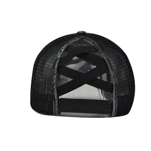 Detail of black mesh ponytail baseball cap featuring criss-cross elastic bands and velcro strap