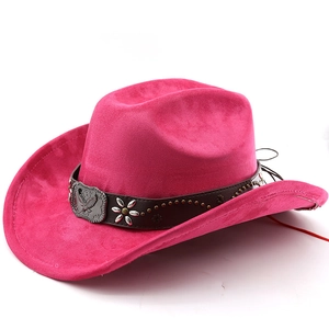 Detail of rose red suede cowboy hat with eagle metal buckle and floral studs on brown band