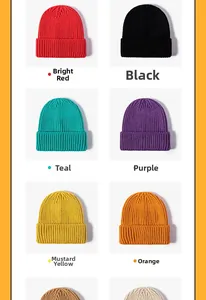 Detailed grid view of assorted ribbed knit beanies in vibrant colors with cuffed design