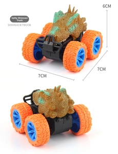 Detailed views of Spinosaurus dinosaur truck with large orange tires and 7cm size scale