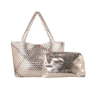 Handwoven contrast tote bag with matching inner pouch in champagne gold finish