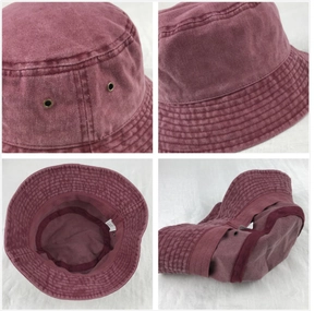 Detailed views of burgundy washed cotton bucket hat showing vents and foldable design