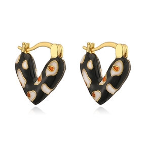 Modern gold-plated V-shaped heart earrings with colorful black, white and orange enamel