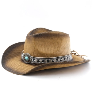 Breathable straw cowboy hat with ethnic band and turquoise stone for sun protection