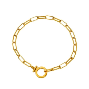 Minimalist gold paperclip chain bracelet with a bold round toggle clasp on white background