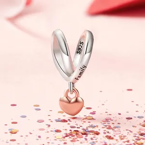 925 Sterling Silver Heart Lock Charm Bead With Rose Gold Plated Heart Family Engraved DIY Bracelet Necklace Accessory