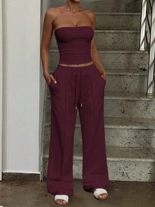 Women's burgundy ribbed tube top and wide-leg drawstring pants two-piece leisure set