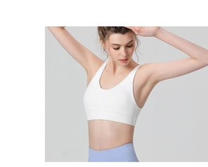 Close-up of white high-impact sports bra featuring a U-neck design and wide straps for support