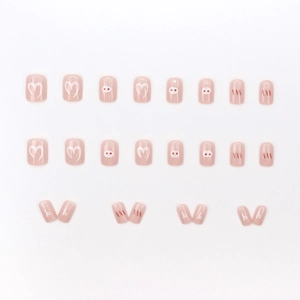 Cute pink peach short press-on nails set with minimalist pig and heart patterns