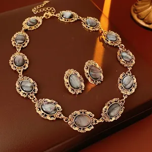 Vintage Necklace And Earrings Oval Gray Resin Alloy Carved Baroque Palace Style For Women With Silver Earring Post