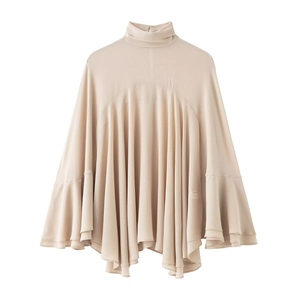 Women Elegant High Neck Blouse Polyester Layered Flounce Long Sleeve Keyhole Back Casual Top