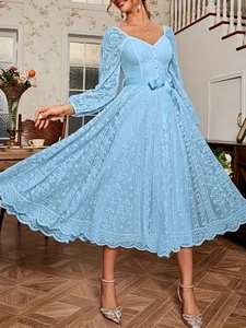 Robe Maxi En Dentelle Élégante Col En V Manches Longues Vintage Ligne A Avec Ceinture Pour Femmes
