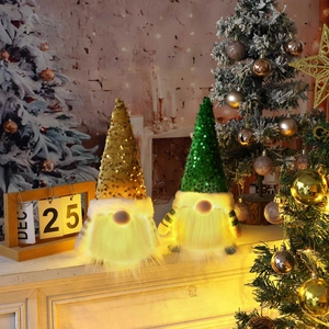 Lighted Christmas gnome plush figures with gold and green sequin hats for home decor