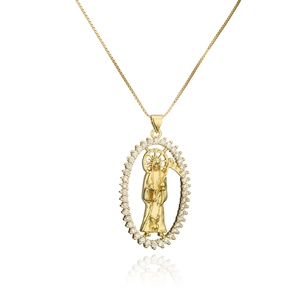 Gold plated Santa Muerte pendant necklace with sparkling cubic zirconia on box chain