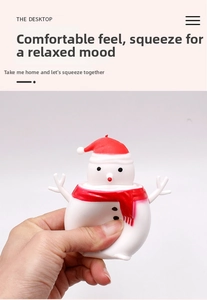 Detail showing hand squeezing a soft snowman squeeze toy with red hat for stress relief