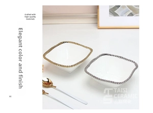 Detailed view of square ceramic plates with gold and silver bead edges and metallic texture