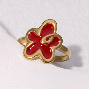 Minimalist 18k gold plated stainless steel open ring with a red floral petal design