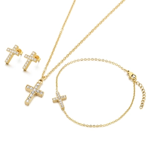 Golden stainless steel jewelry set with crystal cross necklace, bracelet, and earrings