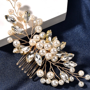Handmade bridal hair comb with gold wire, faux pearls, and marquise crystals
