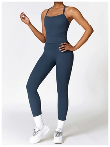 Close-up of high-waisted seamless yoga pants with moisture-wicking fabric in misty blue