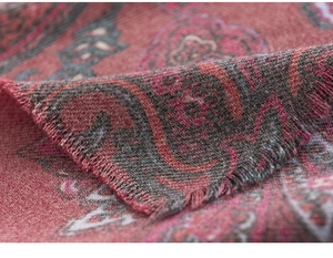 Detailed macro view of paisley pattern textile fabric and tassel edges on the winter scarf