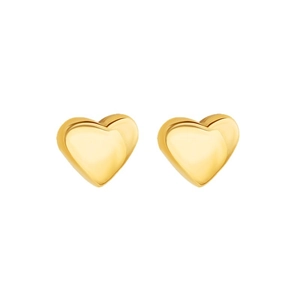 Polished 18k gold plated stainless steel 3D heart stud earrings on white background