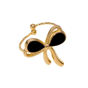 Elegant gold-plated bow ring with black enamel inlay and adjustable open band design